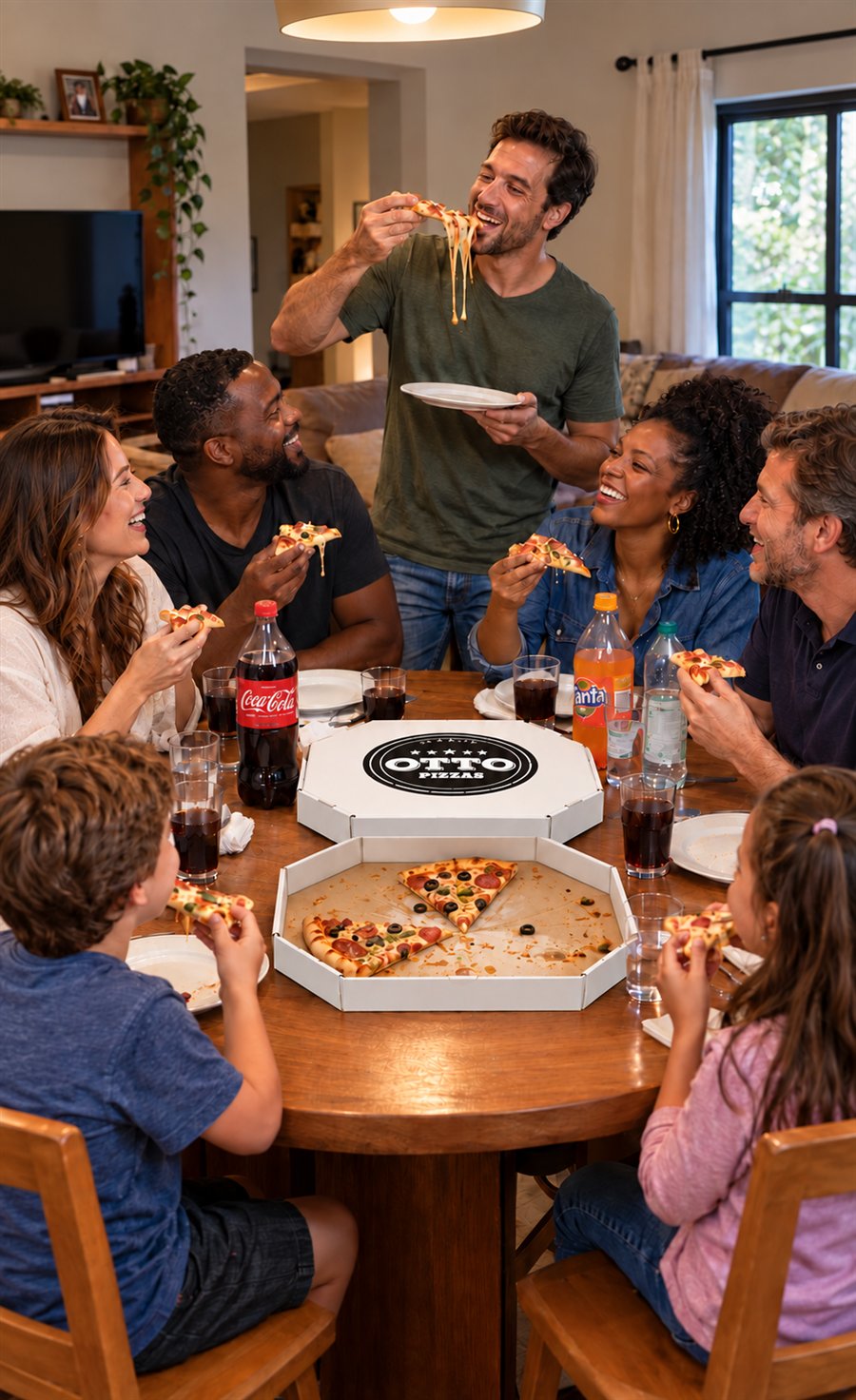 Família e amigos reunidos em casa dividindo pizzas da Otto