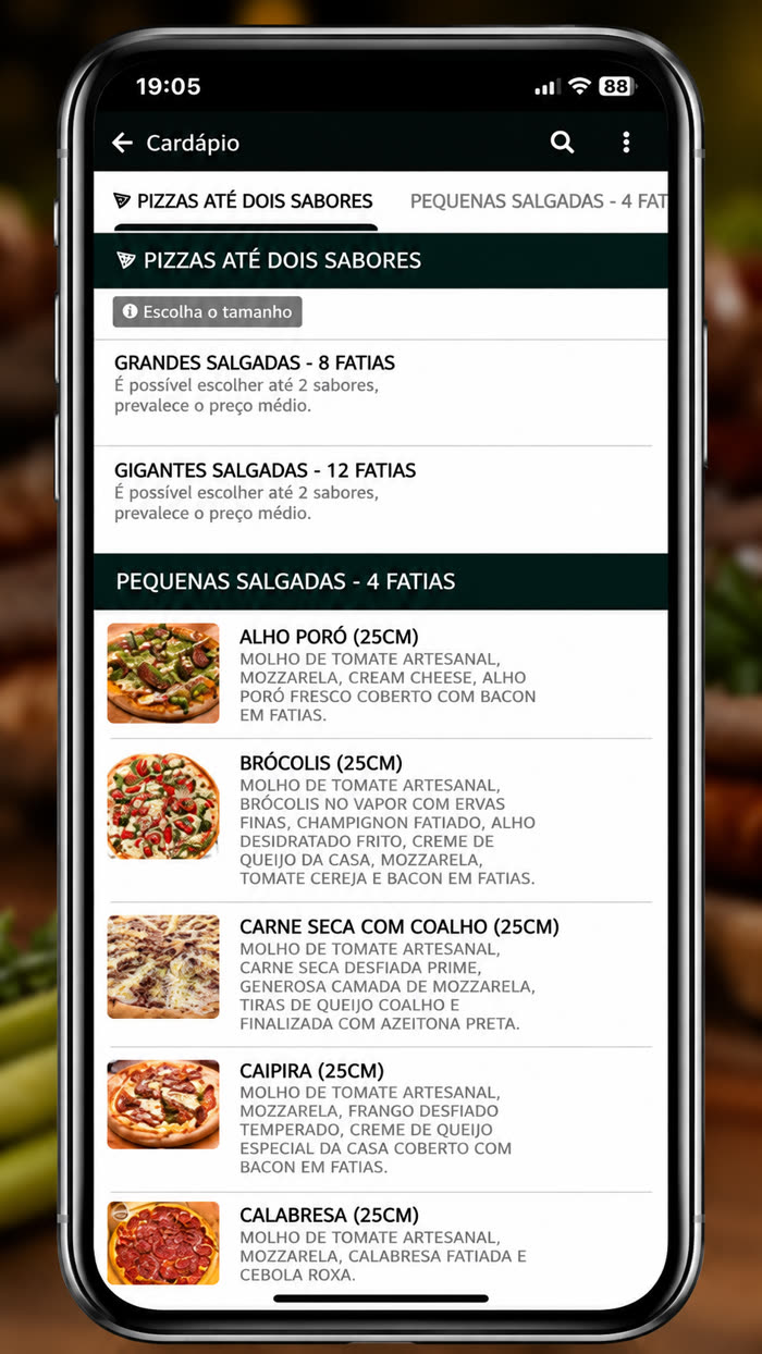 Tela do aplicativo Otto Pizzas para pedidos