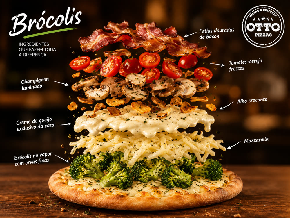 Ingredientes explodindo sobre a pizza de brócolis da Otto